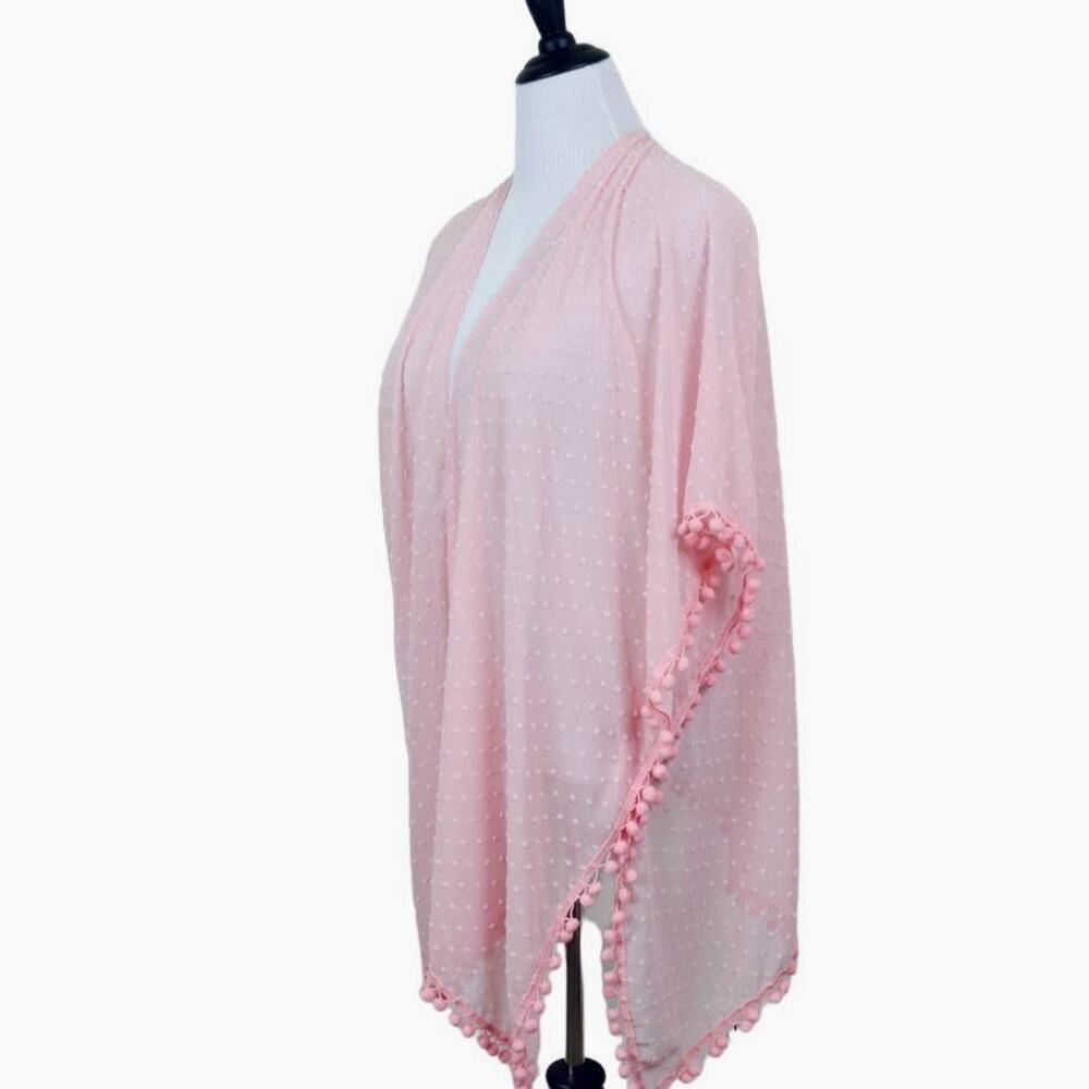 Sheer Chiffon Swiss Dot Kimono Robe One Size Negligee Pom Pom Pink
